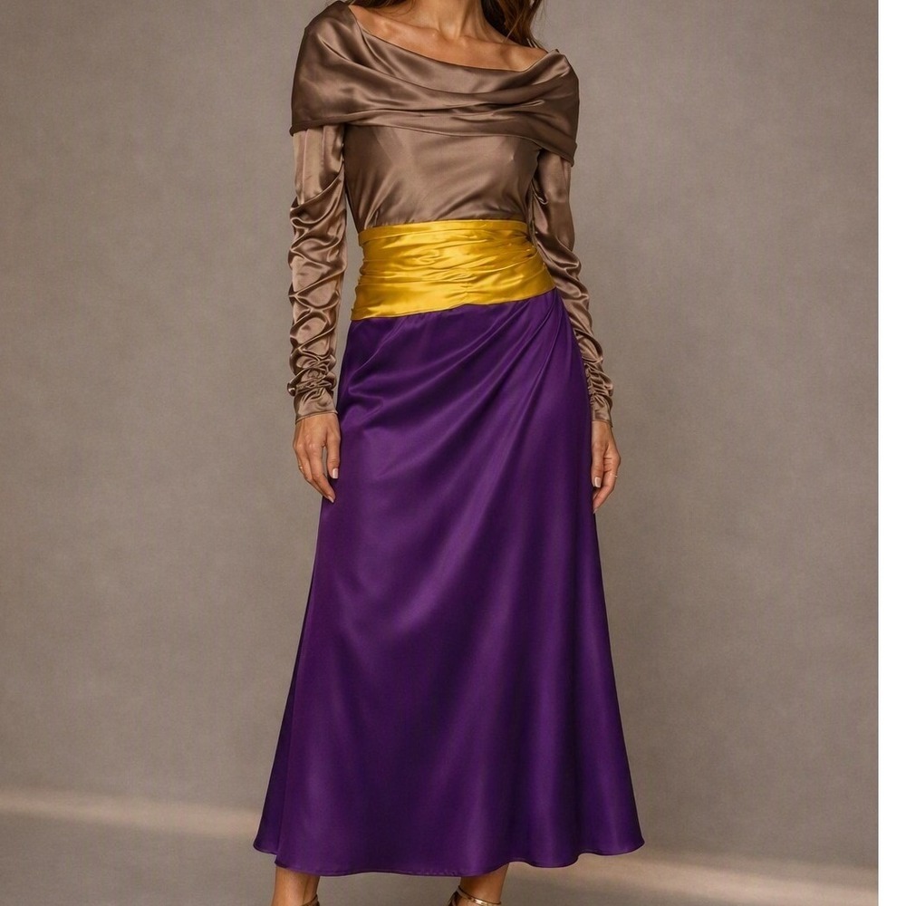Paul Louis Orrier Formal Gown Bronze Purple Gold Vintage erbund Sash 100 Silk